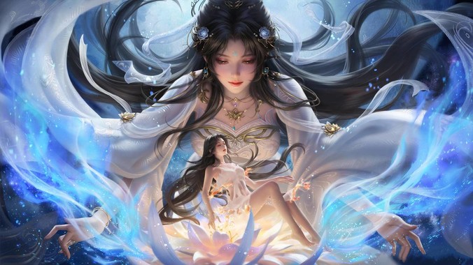 完美世界清漪同人壁纸,幻蓝调纱裙与星辉粒子,适配电脑手机壁纸