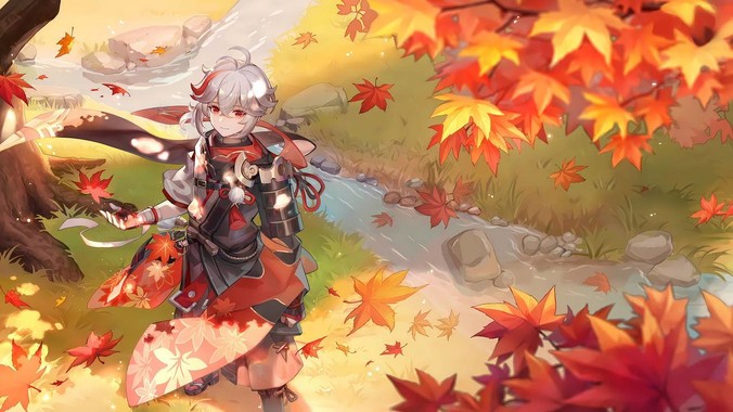 原神枫原万叶壁纸,枫糖调秋日枫叶与和风服饰,适配电脑手机壁纸