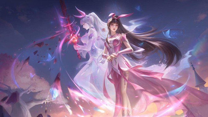 小舞二次元壁纸,粉紫调长发飘逸与星云光影,适配电脑手机壁纸
