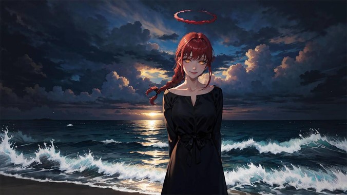 《电锯人》玛奇玛动漫壁纸,深蓝灰调暗夜光环与风暴海岸,适配电脑手机壁纸