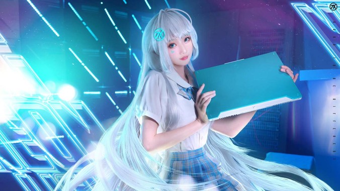 天选姬美少女4K壁纸,蓝紫调赛博光影与发光平板,适配电脑手机壁纸