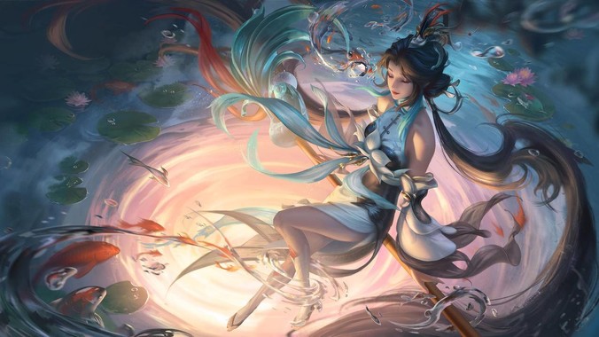 王者荣耀同人大乔壁纸,深灰调水墨竹筏与锦鲤光斑,适配电脑手机壁纸