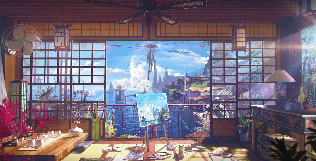 榻榻米茶室与海滨城市结合的4K壁纸,4936x2515分辨率适配横竖屏,#87CEEB至#4169E1渐变色调