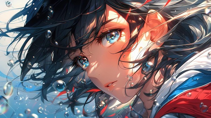 水下漂浮的动漫少女壁纸,紫色长发随水流飘动,虹膜呈现光谱折射效果