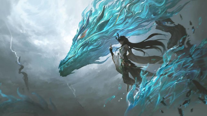 冷蓝色调幻想场景壁纸,AI生成古风角色驾驭流体水龙,背景含动态云雾与闪电特效