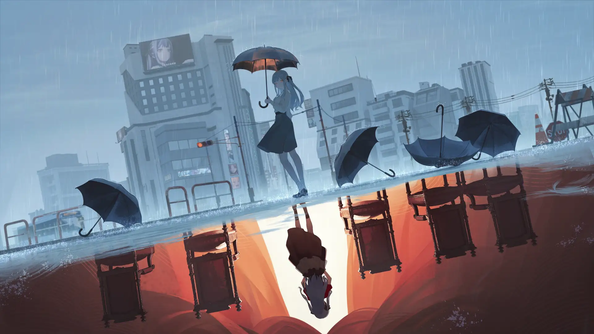 蓝发少女持透明伞立于雨中,镜像倒影呈现霓虹都市与红绿灯光轨的4K超清壁纸