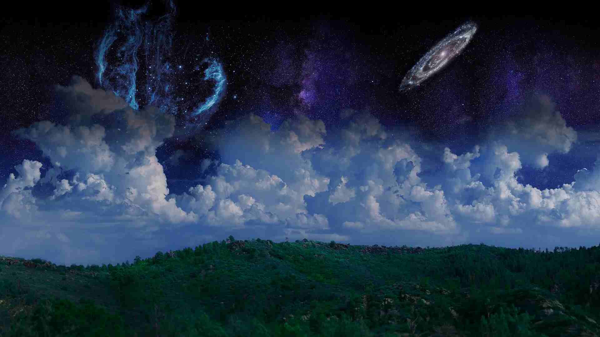 冷杉森林框取银河旋臂与星云的4K超清壁纸,星轨光轨特效模拟长曝光摄影