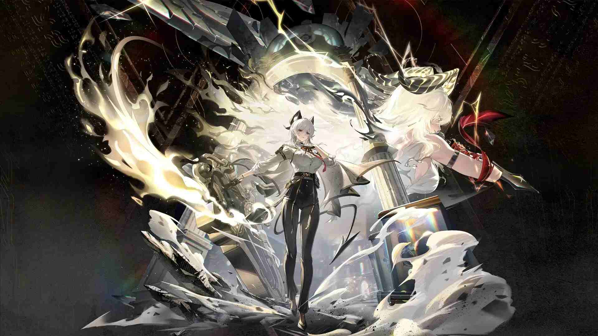 白发恶魔少女身着解构衬衫,恶魔尾巴与呼啸波电磁脉冲交织的4K超清壁纸