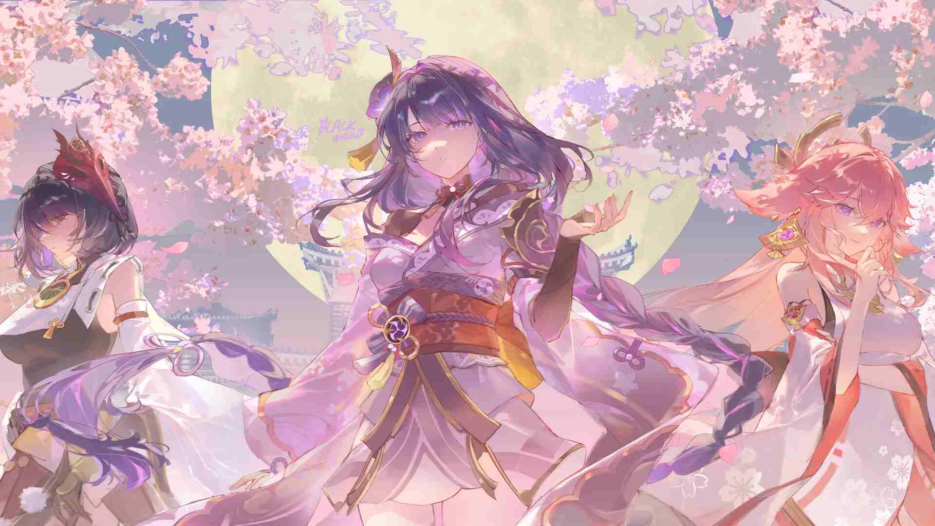 紫眸少女身着渐变和服立于樱吹雪中,金色头饰与满月光晕交织的4K超清壁纸