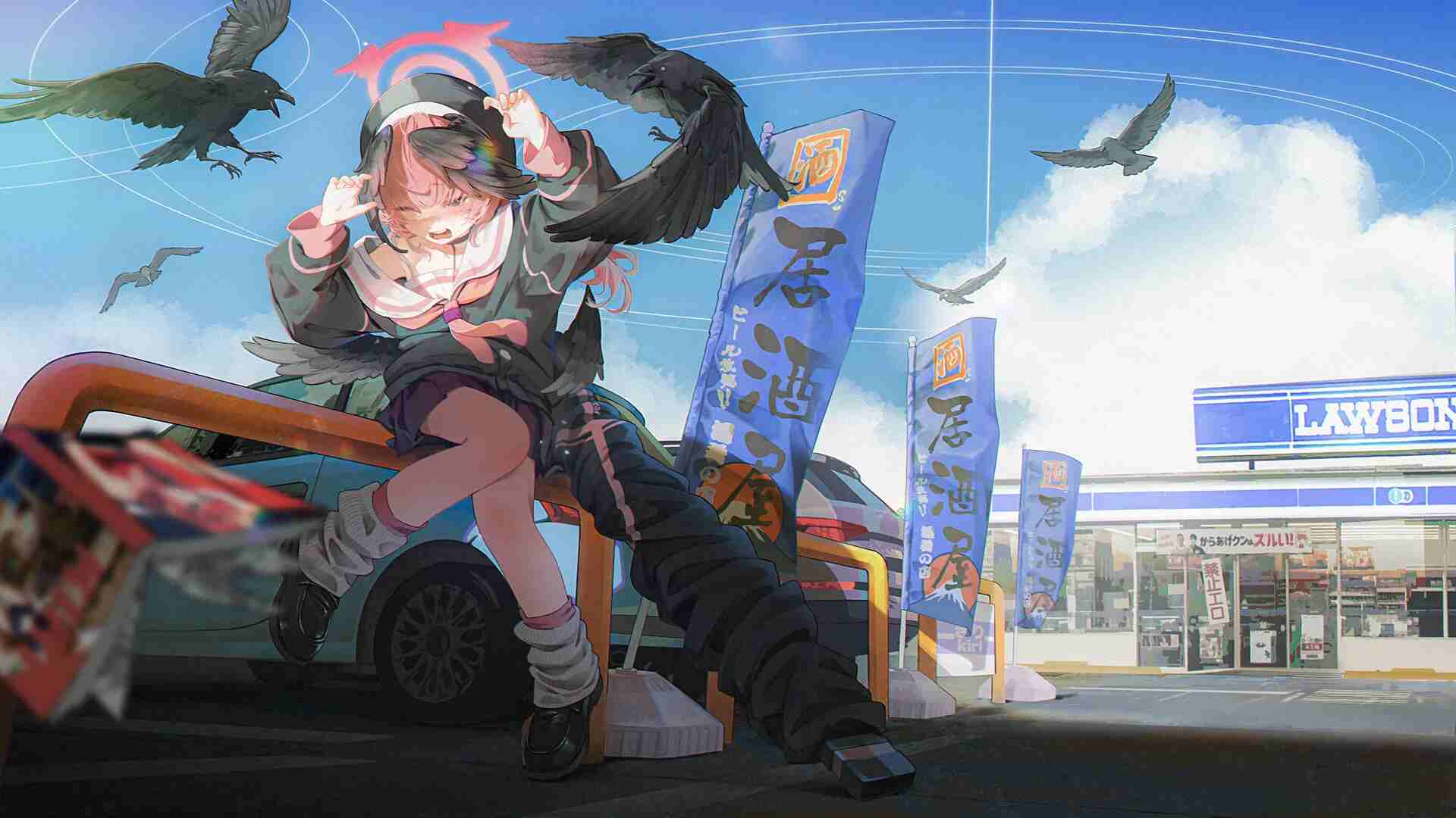蓝白校服少女坐停车场栏杆,红色能量光环与飞行乌鸦环绕的4K动漫场景壁纸