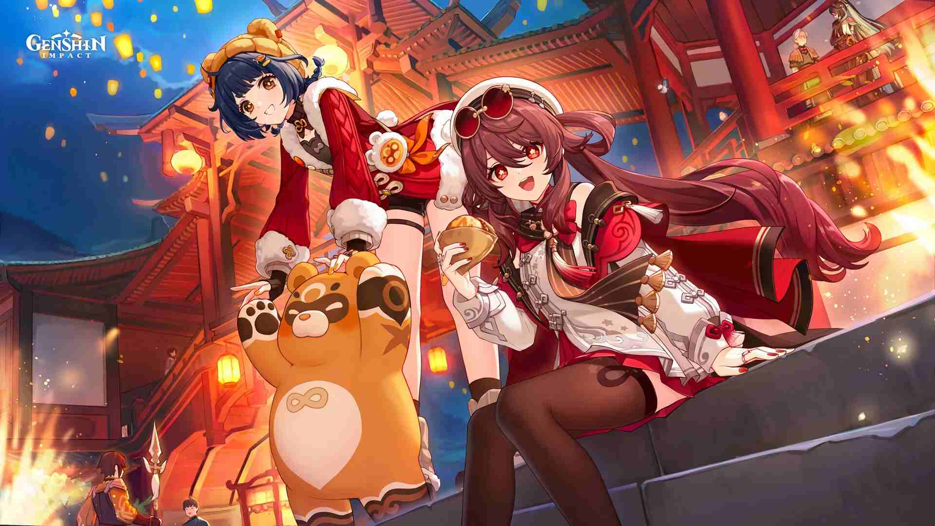 红金双色古建背景下,少女与毛绒萌熊互动的4K节日主题壁纸