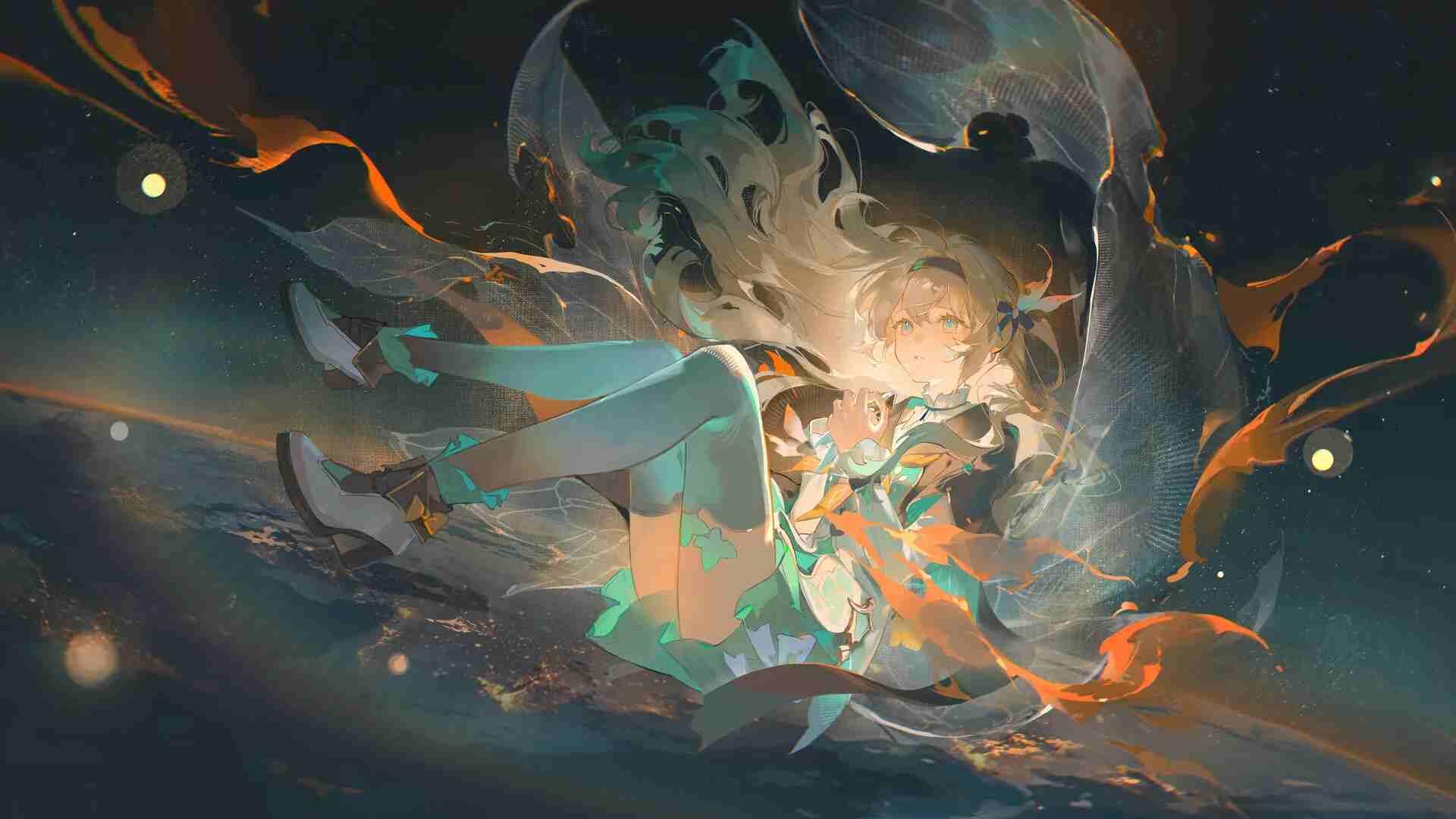 长发少女在太空中失重漂浮,萤火虫群环绕的4K超清动漫场景