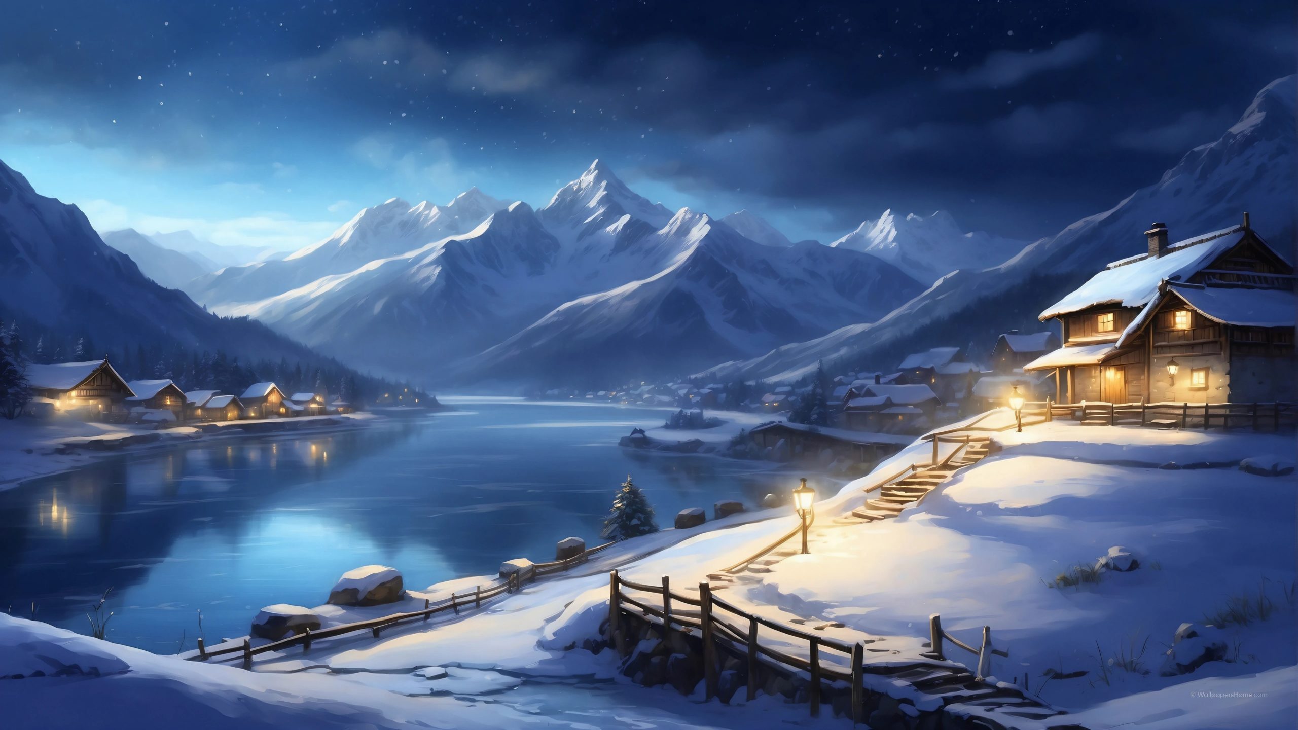 蓝灰色调冬季夜景壁纸,雪山湖面倒映木屋灯光,飘落雪花与木栅栏的4K数字艺术画面