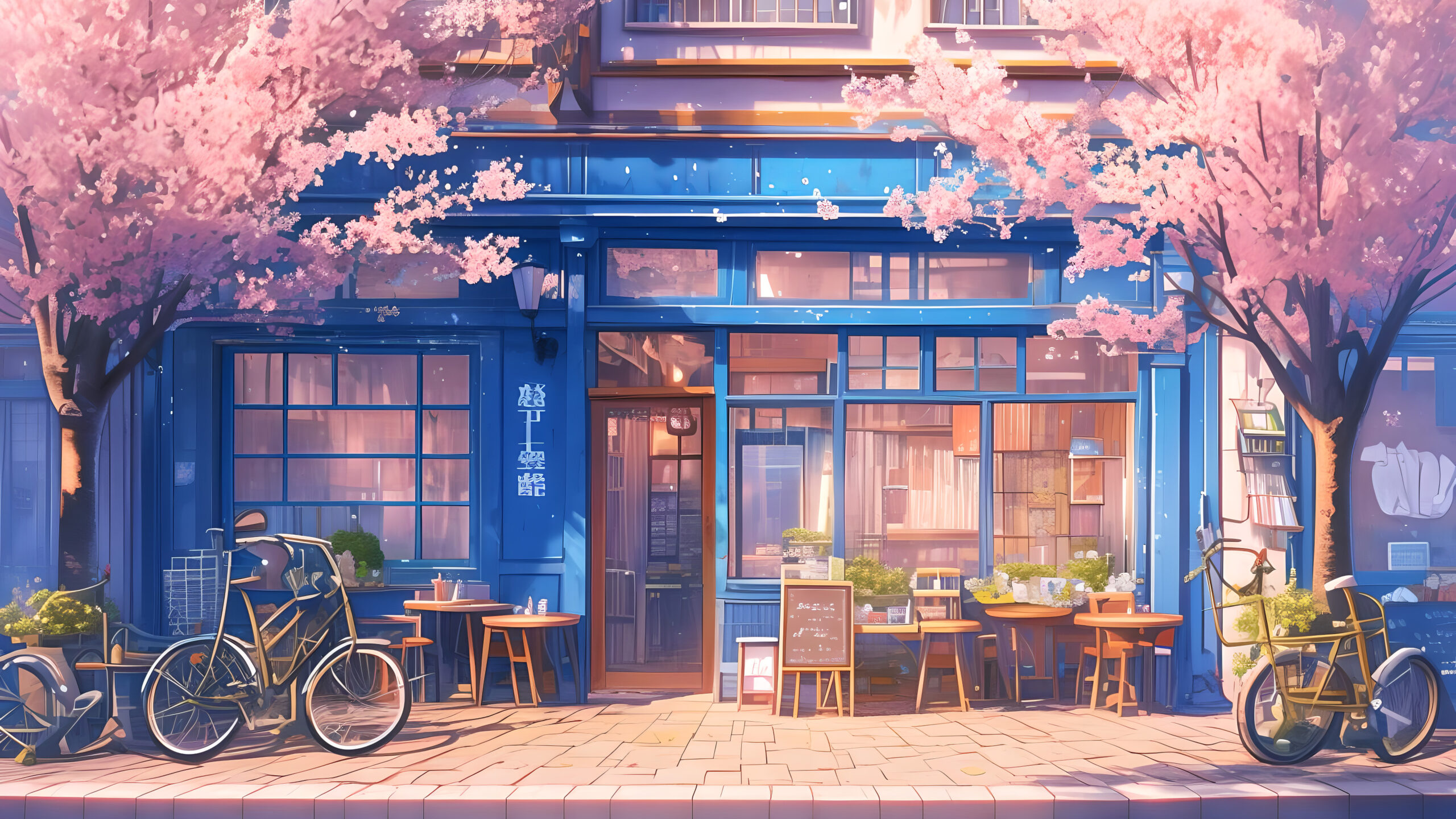 樱花飘落的蓝调咖啡馆动漫壁纸,#FFB6C1至#87CEEB渐变天空,3840x2160分辨率