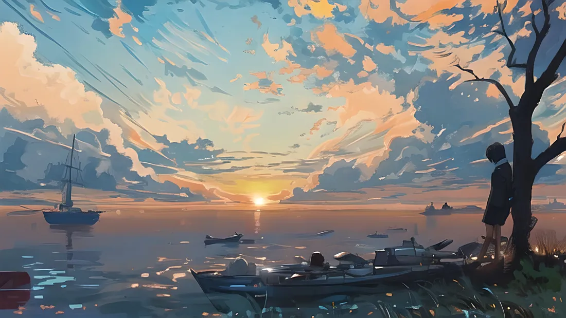 一幅唯美的动漫风格绘画:在橘色日落下的海边,一个少年孤独地靠在树下,眺望停泊着帆船和小舟的宁静海面与壮丽的晚霞。
