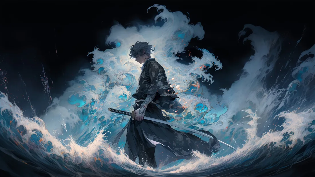 「免费下载｜暗黑武士4K壁纸：刀光与浪涌的碰撞」​