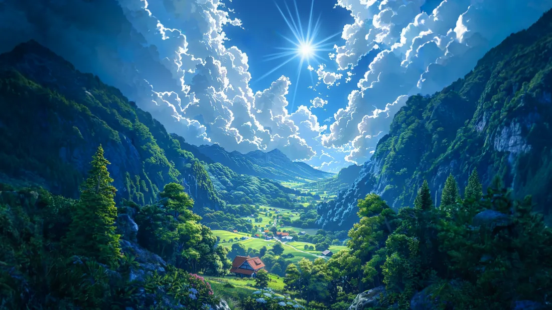 晨光中的山谷草地与红顶木屋,蓝天白云下青山绿树环绕