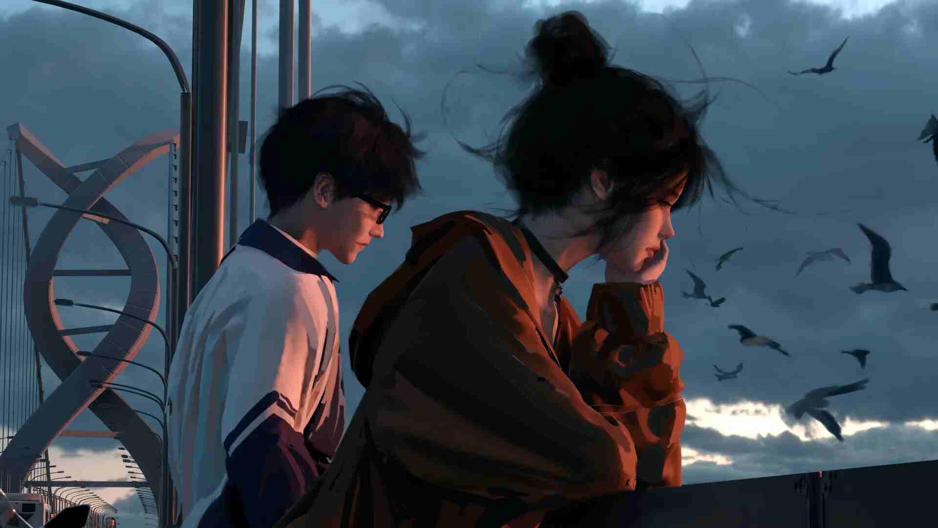 「免费下载｜8K浪漫插画：发髻女子与天空的邂逅」