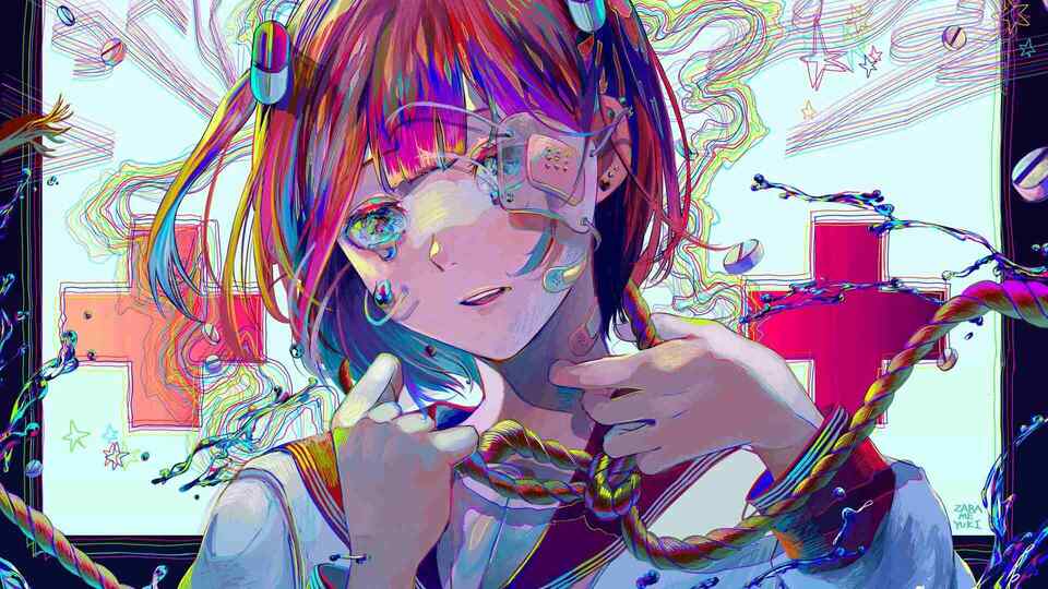 多色头发动漫女学生穿着补丁水手服,含眼罩与创可贴元素