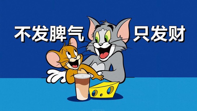 深蓝色背景的抽象三角循环图案,中央有动态发光"发财"文字