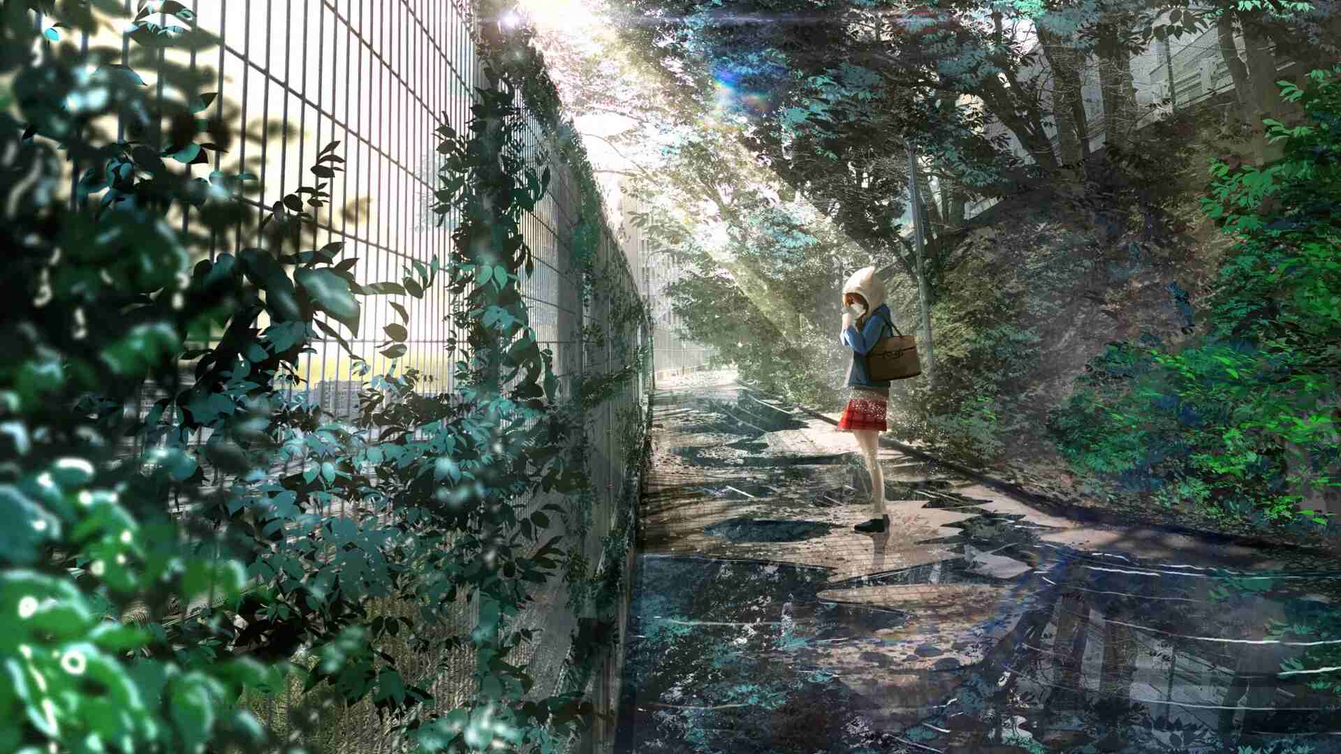 动漫女学生站在校园水坑前,阳光透过树叶洒落