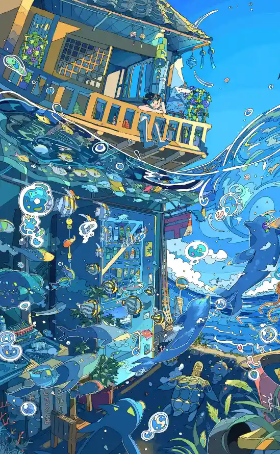 磷光蓝色系三重流体光学构成的海底通廊,含洋流轨迹与抗压建筑