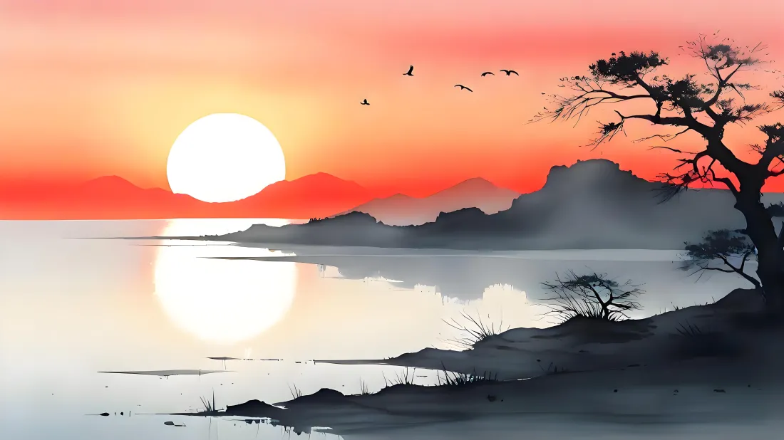 采用枯笔飞白技法的焦墨山水壁纸,含近景飞白/中景江波/远景层峦构图