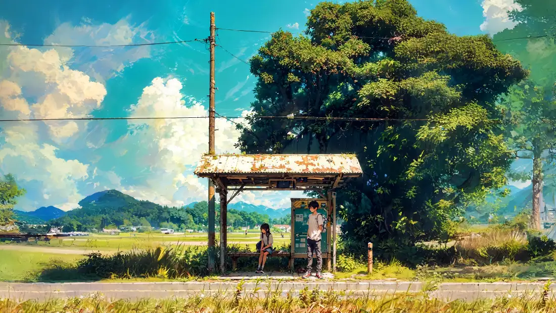 金色稻浪中的原木公交候车亭,背包人物凝望远方的哲思场景