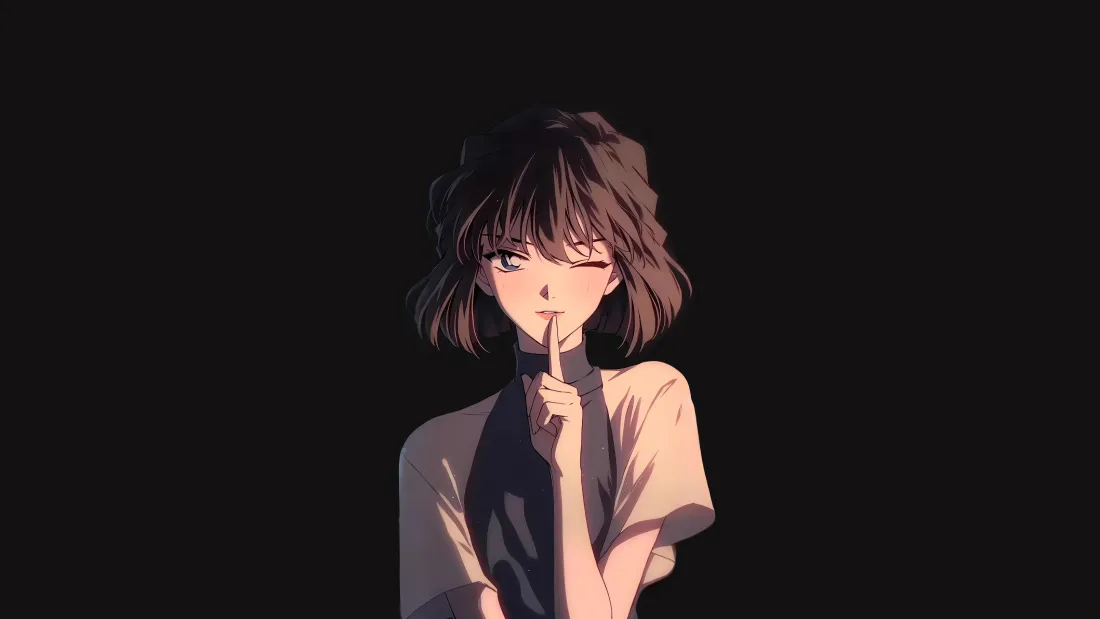 银发灰原哀"嘘"手势立于暗夜背景,神秘百合花与光斑点缀的哲学场景