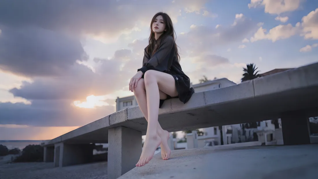 夕阳下女性优雅坐姿剪影,金色云层与天际线交融的自然场景