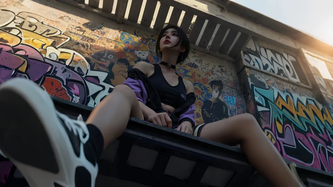 炫彩涂鸦墙前景型格女主穿搭,牛仔套装与马丁靴展现街头潮酷风