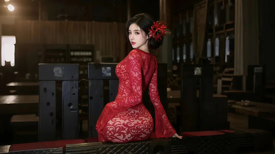 身着红色霓裳的古典美人,头戴精美红色发饰手执团扇,展现东方风韵