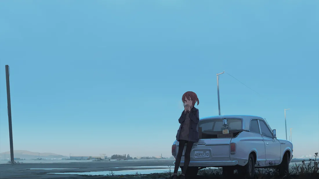 黎明时分少女倚靠车辆动漫壁纸,蓝色晨曦背景温馨场景