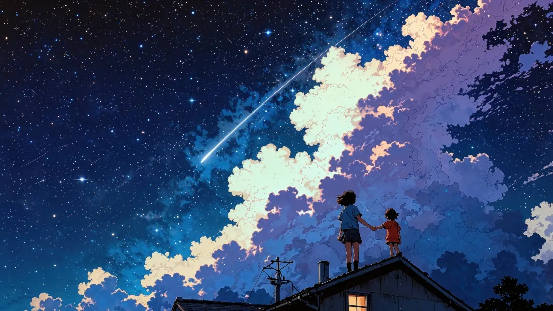 二次元风格屋顶观星壁纸,蓝色夜空流星划过,蓬松云朵背景
