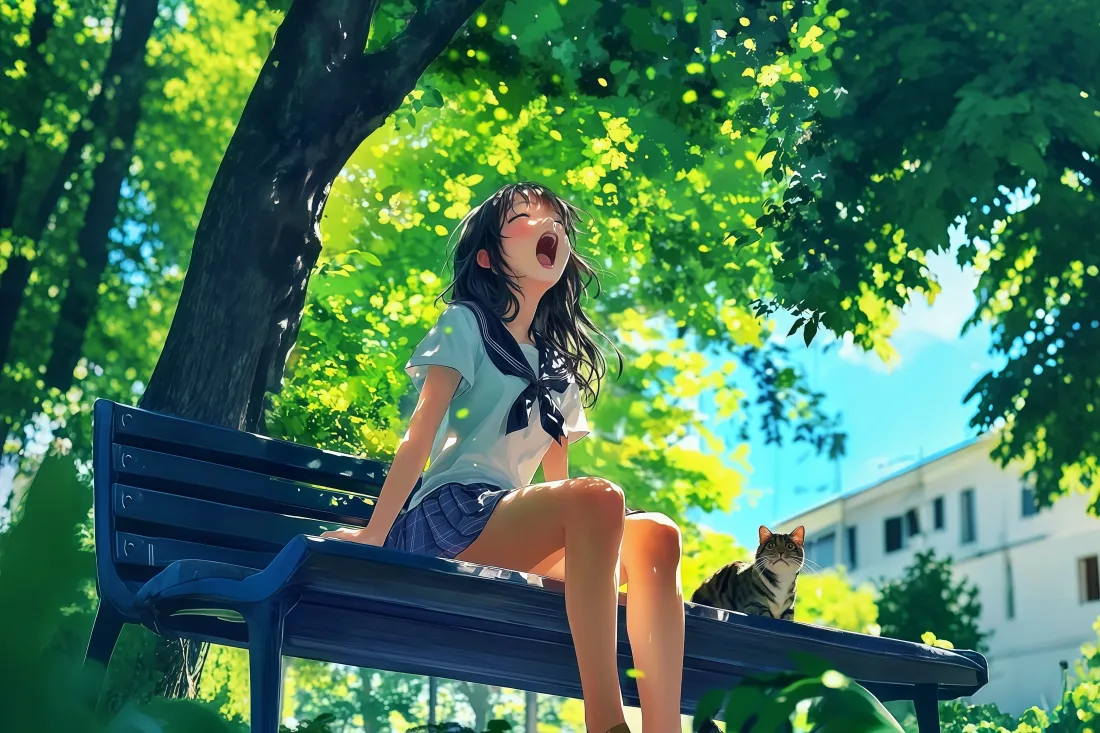 免费领取！夏日树荫少女呵欠4200×2800超清壁纸