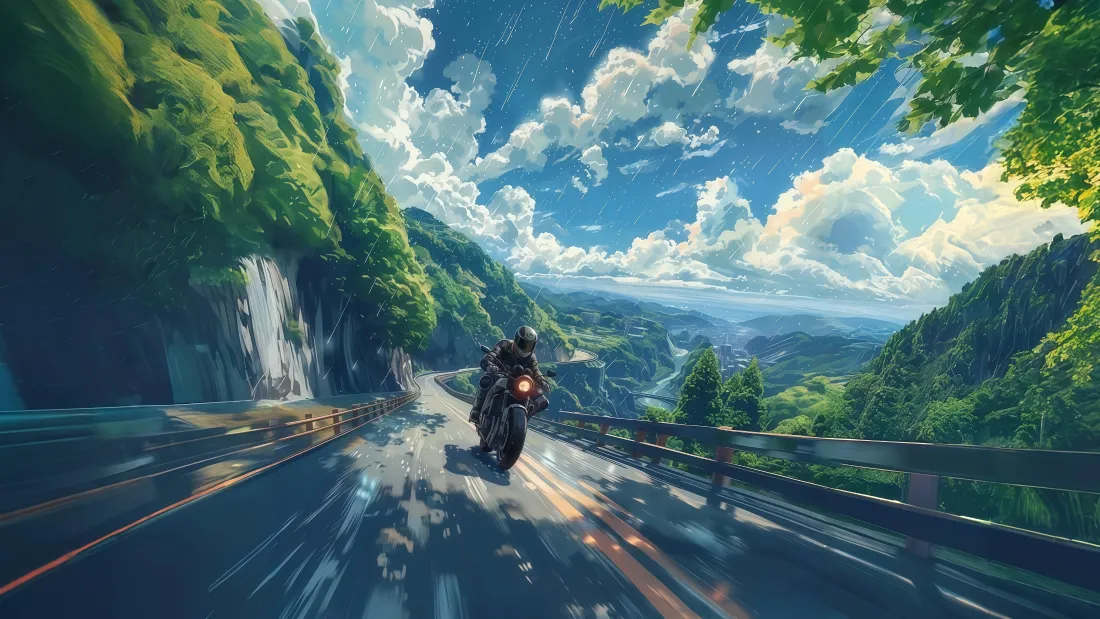 免费领取！山间公路摩托骑行3413×1920超清壁纸